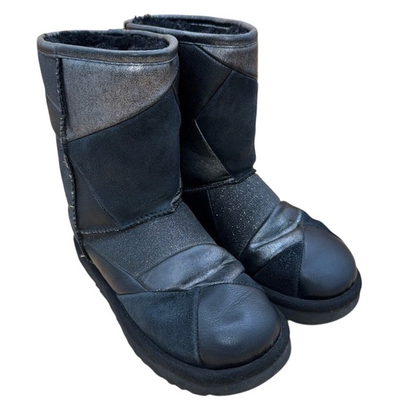 UGG Classic Short Glitter Patchwork Black and Silver Boots Women's Size 6 EUC